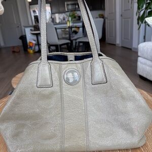 Coach Gray Signature Patent Leather Satchel Tote Bag